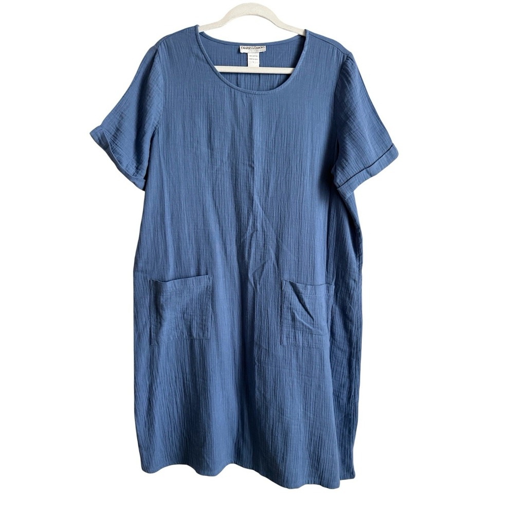 Drapers and Damons Blue Crinkle Gauze Dress Pockets Coastal Lagenlook Women's L